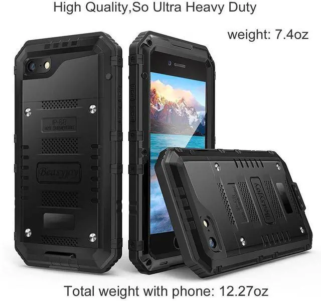 Alt view image 3 of 6 - for iPhone SE 2022/2020/ 8/7 Metal Case, Waterproof Heavy Duty Case with Screen Protector, Full Body Protection Military Grade Shockproof Defender Durable Sturdy Rugged Aluminum Cover, Black