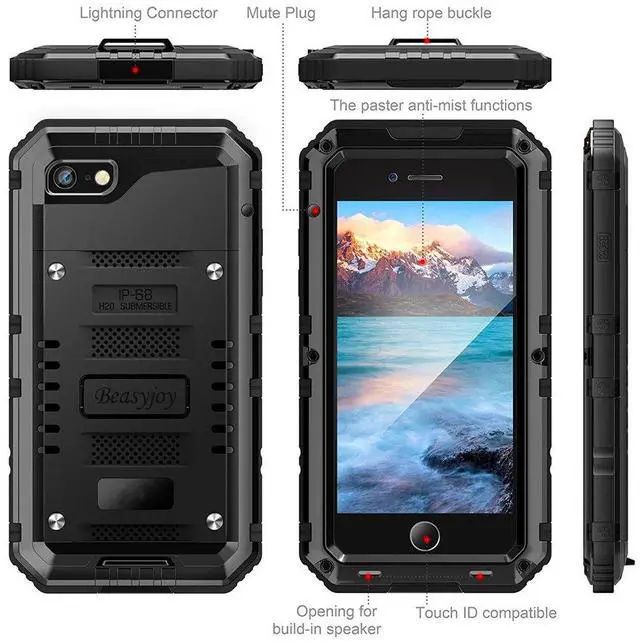 Alt view image 5 of 6 - for iPhone SE 2022/2020/ 8/7 Metal Case, Waterproof Heavy Duty Case with Screen Protector, Full Body Protection Military Grade Shockproof Defender Durable Sturdy Rugged Aluminum Cover, Black
