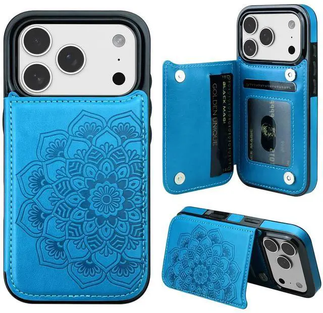 Main image of for iPhone 17 Pro Case with Card Holder,Flower Magnetic Buttons Protective Wallet Case for Women for iPhone 17 Pro (6.3 Inch),Blue