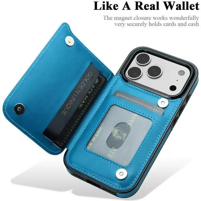 Alt view image 2 of 7 - for iPhone 17 Pro Case with Card Holder,Flower Magnetic Buttons Protective Wallet Case for Women for iPhone 17 Pro (6.3 Inch),Blue