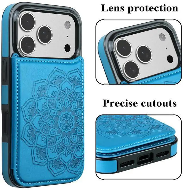 Alt view image 3 of 7 - for iPhone 17 Pro Case with Card Holder,Flower Magnetic Buttons Protective Wallet Case for Women for iPhone 17 Pro (6.3 Inch),Blue