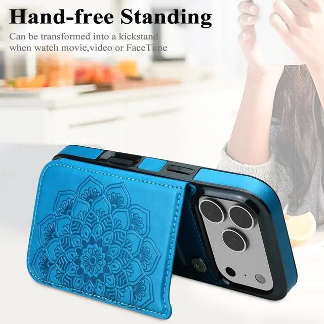 Alt view image 4 of 7 - for iPhone 17 Pro Case with Card Holder,Flower Magnetic Buttons Protective Wallet Case for Women for iPhone 17 Pro (6.3 Inch),Blue
