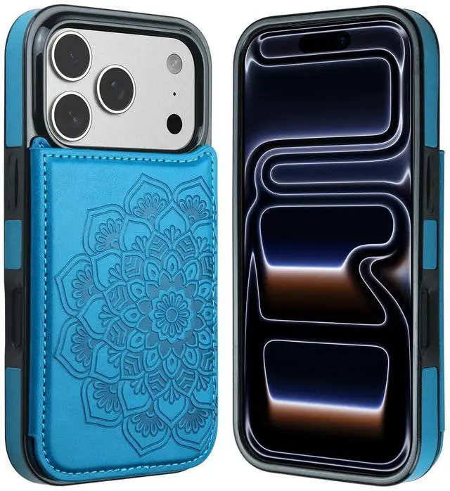 Alt view image 5 of 7 - for iPhone 17 Pro Case with Card Holder,Flower Magnetic Buttons Protective Wallet Case for Women for iPhone 17 Pro (6.3 Inch),Blue