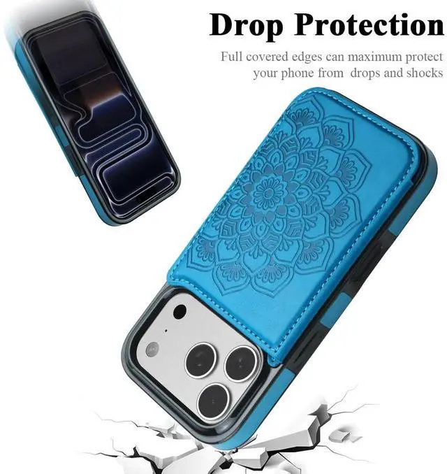 Alt view image 6 of 7 - for iPhone 17 Pro Case with Card Holder,Flower Magnetic Buttons Protective Wallet Case for Women for iPhone 17 Pro (6.3 Inch),Blue