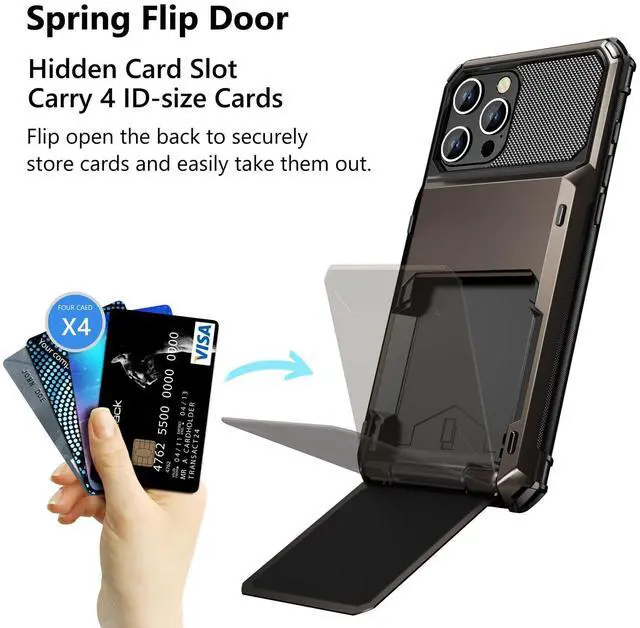 Alt view image 2 of 7 - Compatible with iPhone 16 Pro Max Case with Card Holder Dual Layer Heavy Duty Drop Protection Hidden Flip 4-Card Slot Wallet Phone Case for iPhone 16 Pro Max for Women Men, 6.9'' Gun Metal