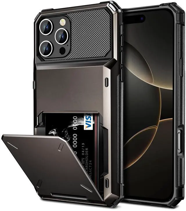 Main image of Compatible with iPhone 16 Pro Max Case with Card Holder Dual Layer Heavy Duty Drop Protection Hidden Flip 4-Card Slot Wallet Phone Case for iPhone 16 Pro Max for Women Men, 6.9'' Gun Metal