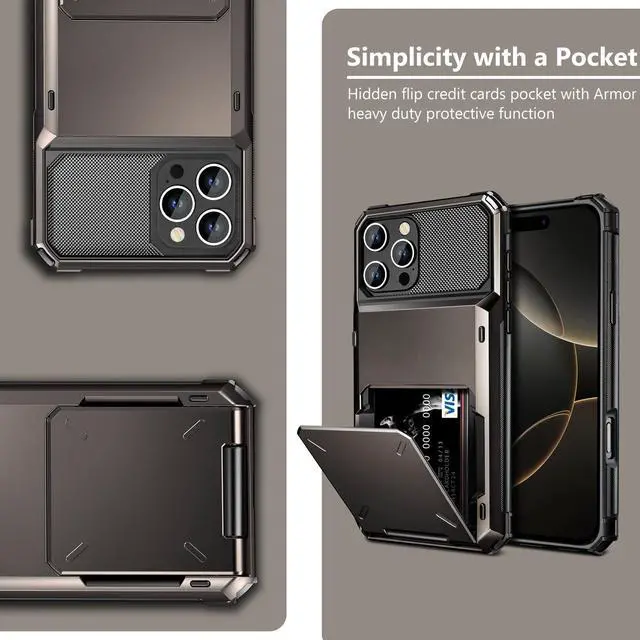 Alt view image 6 of 7 - Compatible with iPhone 16 Pro Max Case with Card Holder Dual Layer Heavy Duty Drop Protection Hidden Flip 4-Card Slot Wallet Phone Case for iPhone 16 Pro Max for Women Men, 6.9'' Gun Metal