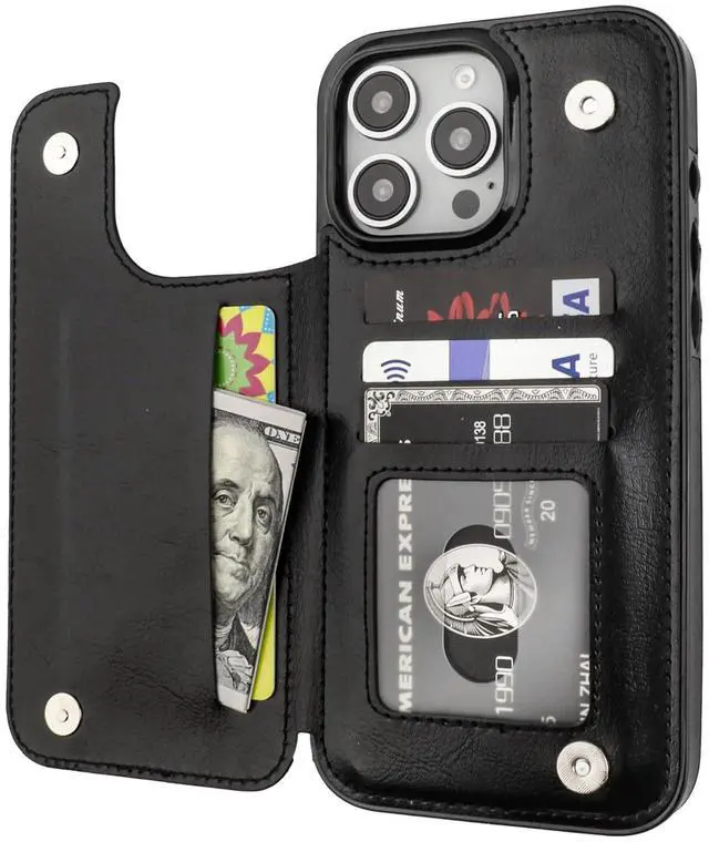 Main image of Compatible with iPhone 16 Pro Max Wallet Case with Card Holder, PU Leather Kickstand Card Slots Case, Double Magnetic Clasp and Durable Shockproof Cover 6.9 Inch (Black)