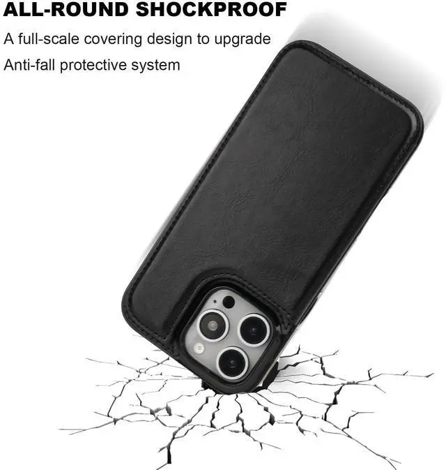 Alt view image 6 of 7 - Compatible with iPhone 16 Pro Max Wallet Case with Card Holder, PU Leather Kickstand Card Slots Case, Double Magnetic Clasp and Durable Shockproof Cover 6.9 Inch (Black)