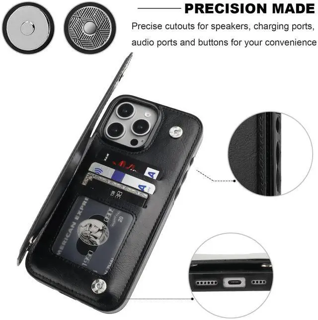 Alt view image 7 of 7 - Compatible with iPhone 16 Pro Max Wallet Case with Card Holder, PU Leather Kickstand Card Slots Case, Double Magnetic Clasp and Durable Shockproof Cover 6.9 Inch (Black)