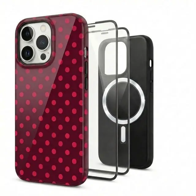 Main image of Magnetic Phone Case for iPhone 13-17, Glossy Pink Polka Dot TPU+PC Cover, Includes 2X Soft Film Protectors, Compatible with MagSafe