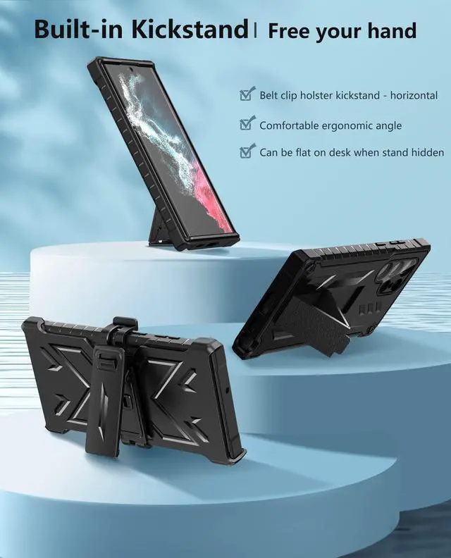 Alt view image 3 of 7 - for Samsung Galaxy S22 Ultra Case: Built-in Screen Protector & Kickstand & Belt-Clip Holster, Full-Body Dual Layer Rugged Heavy Duty Shockproof Protective Phone Cover-Black