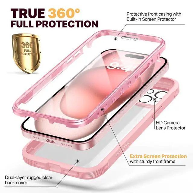 Alt view image 3 of 6 - Designed for iPhone 15 Case, Full Body Rugged Case with Built-in Touch Sensitive Anti-Scratch Screen Protector, with Camera Lens Protector for iPhone 15 6.1" (Coral Pink)