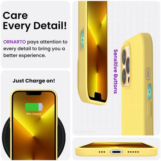 Alt view image 5 of 6 - Compatible with iPhone 13 Pro Case 6.1, Slim Liquid Silicone 3 Layers Full Covered Soft Gel Rubber Case Cover 6.1 inch-Lemon Yellow
