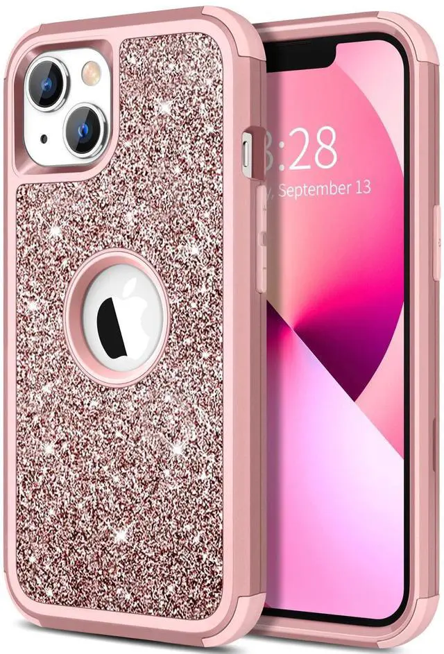 Main image of Case for iPhone 13 Case Glitter, Cute Sparkly Shiny Bling Sparkle Cover, Heavy Duty 3 in 1 Hybrid Hard PC Soft TPU Bumper Full Body Shockproof Protective Phone Cases for Women Girls, Rose Gold