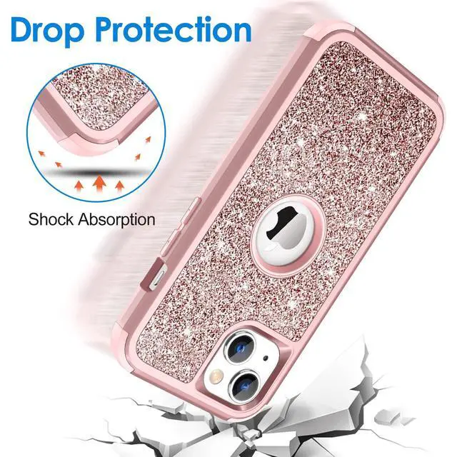 Alt view image 2 of 7 - Case for iPhone 13 Case Glitter, Cute Sparkly Shiny Bling Sparkle Cover, Heavy Duty 3 in 1 Hybrid Hard PC Soft TPU Bumper Full Body Shockproof Protective Phone Cases for Women Girls, Rose Gold