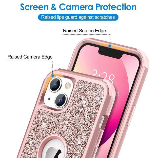 Alt view image 3 of 7 - Case for iPhone 13 Case Glitter, Cute Sparkly Shiny Bling Sparkle Cover, Heavy Duty 3 in 1 Hybrid Hard PC Soft TPU Bumper Full Body Shockproof Protective Phone Cases for Women Girls, Rose Gold