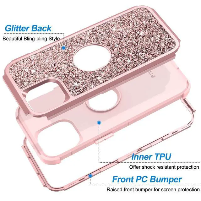 Alt view image 4 of 7 - Case for iPhone 13 Case Glitter, Cute Sparkly Shiny Bling Sparkle Cover, Heavy Duty 3 in 1 Hybrid Hard PC Soft TPU Bumper Full Body Shockproof Protective Phone Cases for Women Girls, Rose Gold