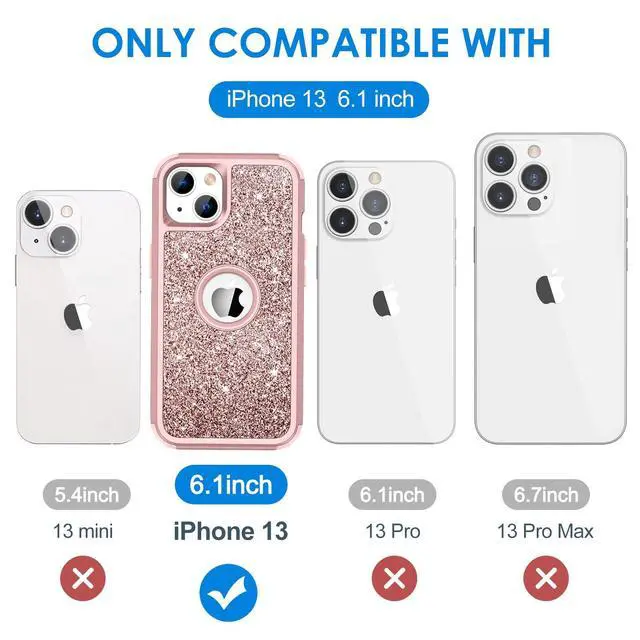 Alt view image 7 of 7 - Case for iPhone 13 Case Glitter, Cute Sparkly Shiny Bling Sparkle Cover, Heavy Duty 3 in 1 Hybrid Hard PC Soft TPU Bumper Full Body Shockproof Protective Phone Cases for Women Girls, Rose Gold