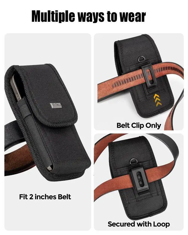 Alt view image 2 of 6 - Nylon Holster for Large iPhone Plus, Pro Max Models 17 16 15 14 13 12 11 Xs, Samsung Galaxy Plus S25+ S24+ S23+ S22+, Cell Phone Belt Holder Case with Clip, Pouch Fits Protective Cover, Black