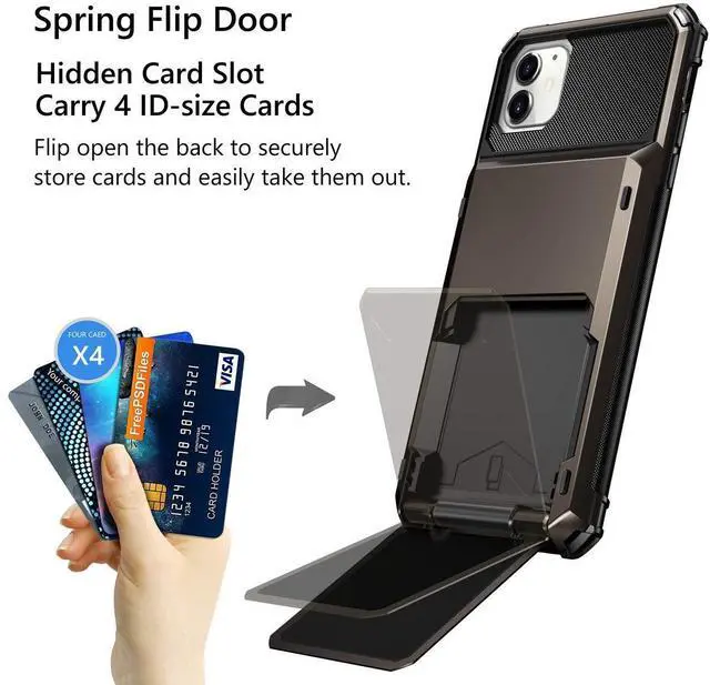 Alt view image 2 of 7 - Case for iPhone 11 Case Wallet 4-Card Holder ID Slot Flip Door Hidden Pocket Anti-Scratch Dual Layer Hybrid TPU Bumper Armor Protective Hard Shell Back Cover for iPhone 11 6.1 inch Gun Metal