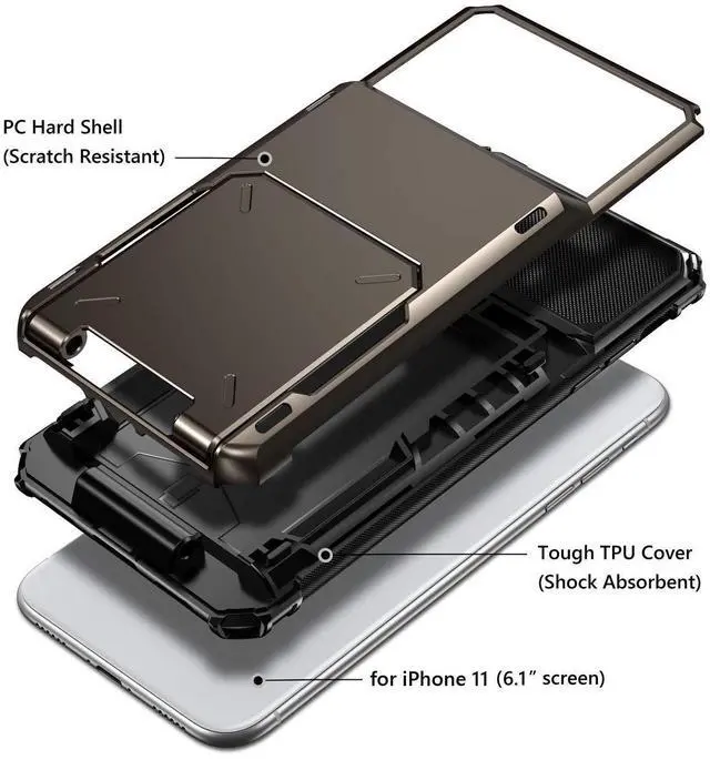 Alt view image 4 of 7 - Case for iPhone 11 Case Wallet 4-Card Holder ID Slot Flip Door Hidden Pocket Anti-Scratch Dual Layer Hybrid TPU Bumper Armor Protective Hard Shell Back Cover for iPhone 11 6.1 inch Gun Metal