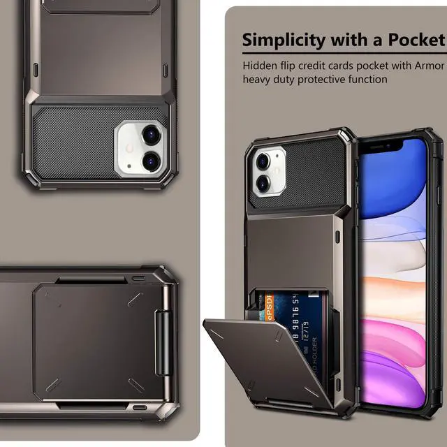 Alt view image 7 of 7 - Case for iPhone 11 Case Wallet 4-Card Holder ID Slot Flip Door Hidden Pocket Anti-Scratch Dual Layer Hybrid TPU Bumper Armor Protective Hard Shell Back Cover for iPhone 11 6.1 inch Gun Metal