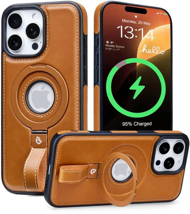 Main image of for iPhone 16 Pro Max Leather Case with Stand, Anti-Slip Grip Ring, Fits for MagSafe (Brown, iPhone 16 Pro Max)