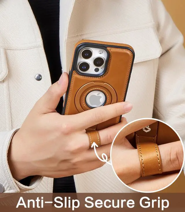 Alt view image 3 of 7 - for iPhone 16 Pro Max Leather Case with Stand, Anti-Slip Grip Ring, Fits for MagSafe (Brown, iPhone 16 Pro Max)