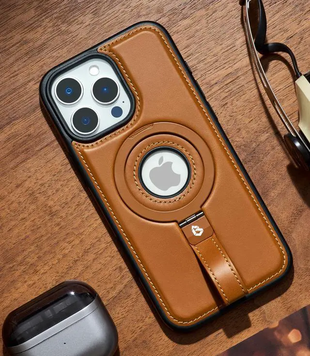 Alt view image 6 of 7 - for iPhone 16 Pro Max Leather Case with Stand, Anti-Slip Grip Ring, Fits for MagSafe (Brown, iPhone 16 Pro Max)