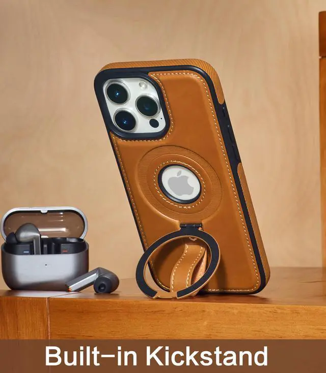 Alt view image 7 of 7 - for iPhone 16 Pro Max Leather Case with Stand, Anti-Slip Grip Ring, Fits for MagSafe (Brown, iPhone 16 Pro Max)