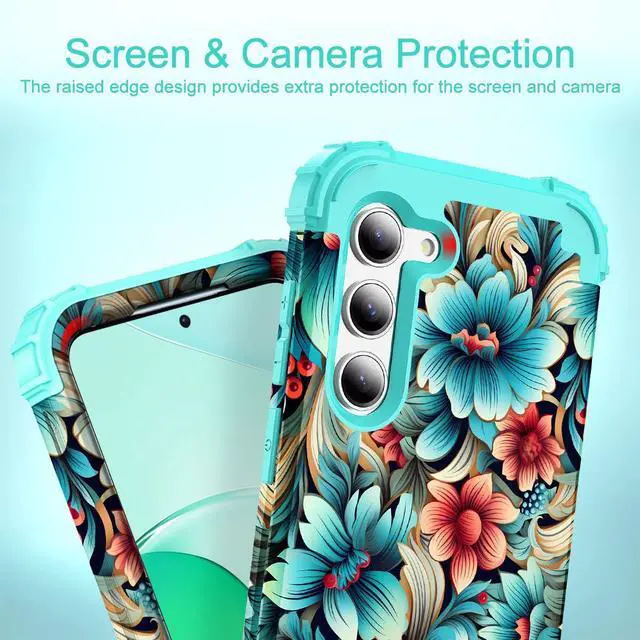 Alt view image 5 of 7 - for Galaxy S23 Plus Case,3 in 1 Floral Pattern Heavy Duty Shockproof Protection Soft Silicone Rubber Bumper+Hard Plastic Hybrid Protective Cover for Samsung Galaxy S23 Plus 6.6",Blue Flower