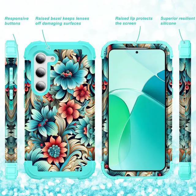 Alt view image 3 of 7 - for Galaxy S23 Plus Case,3 in 1 Floral Pattern Heavy Duty Shockproof Protection Soft Silicone Rubber Bumper+Hard Plastic Hybrid Protective Cover for Samsung Galaxy S23 Plus 6.6",Blue Flower
