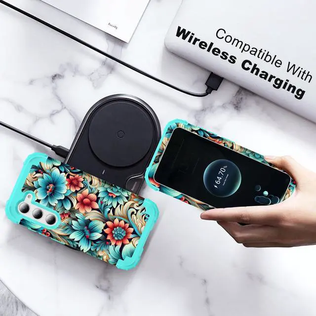 Alt view image 7 of 7 - for Galaxy S23 Plus Case,3 in 1 Floral Pattern Heavy Duty Shockproof Protection Soft Silicone Rubber Bumper+Hard Plastic Hybrid Protective Cover for Samsung Galaxy S23 Plus 6.6",Blue Flower
