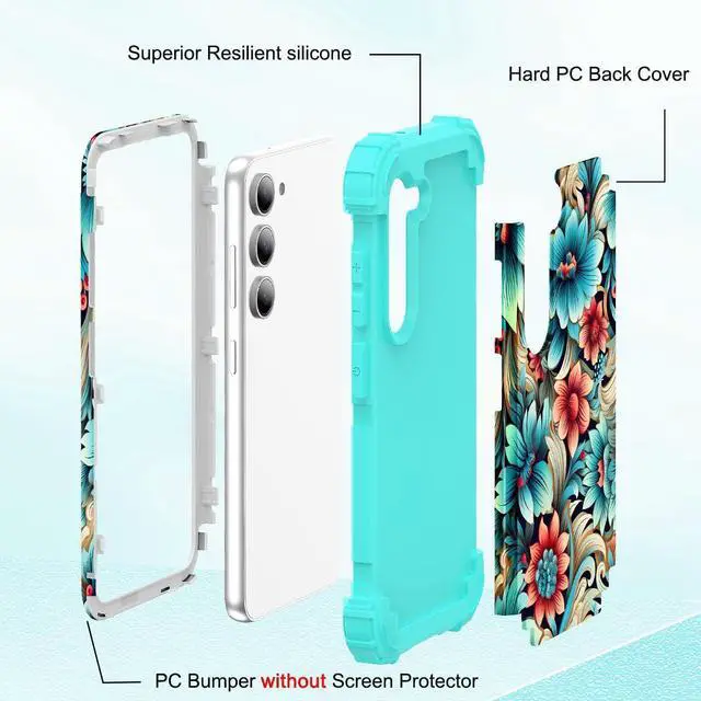 Alt view image 6 of 7 - for Galaxy S23 Plus Case,3 in 1 Floral Pattern Heavy Duty Shockproof Protection Soft Silicone Rubber Bumper+Hard Plastic Hybrid Protective Cover for Samsung Galaxy S23 Plus 6.6",Blue Flower