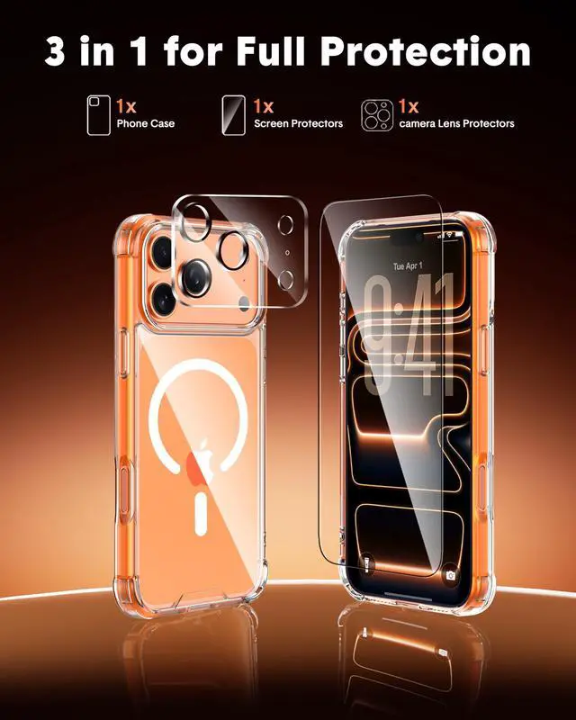 Alt view image 3 of 7 - for iPhone 17 Pro Max Case with Tempered Glass Screen Protector & Lens Protector, Compatible with MagSafe, Military-Grade 4-Corner Shockproof, Magnetic & Anti-Yellowing Clear Case