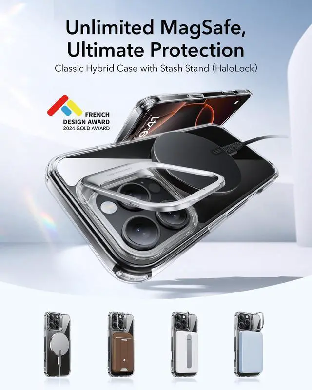 Alt view image 2 of 7 - for iPhone 16 Pro Max Case, Compatible with MagSafe, Military-Grade Protective Case, Built-in Stash Stand Phone Case, Scratch-Resistant Back Cover, Classic Series, Clear