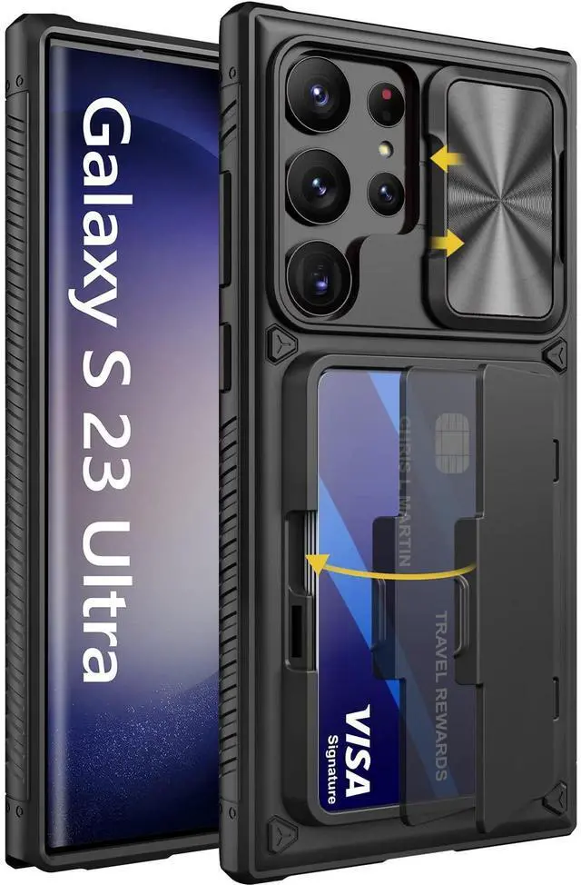Main image of for Samsung Galaxy S23 Ultra Case with Card Holder (4 Cards) & Sliding Camera Cover & Kickstand, Shockproof Rugged Hard Back & TPU Edge Wallet Cover for Galaxy S23 Ultra 5G 6.8" 2023, Black