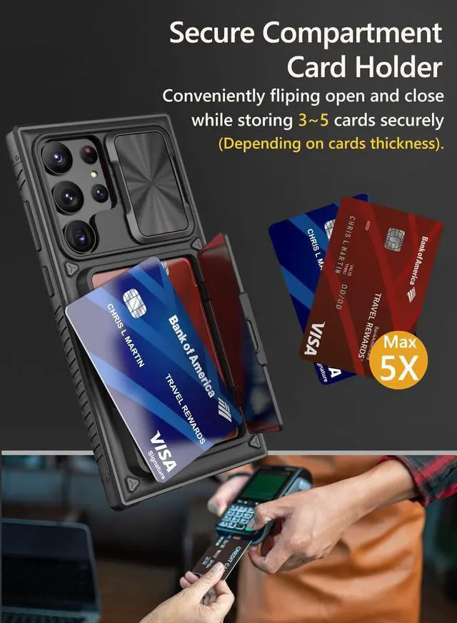 Alt view image 2 of 7 - for Samsung Galaxy S23 Ultra Case with Card Holder (4 Cards) & Sliding Camera Cover & Kickstand, Shockproof Rugged Hard Back & TPU Edge Wallet Cover for Galaxy S23 Ultra 5G 6.8" 2023, Black