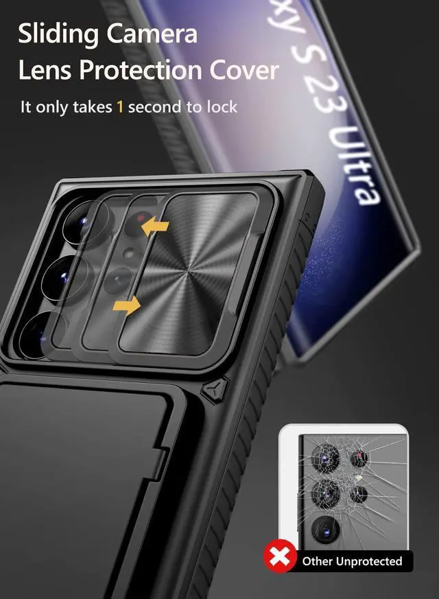 Alt view image 3 of 7 - for Samsung Galaxy S23 Ultra Case with Card Holder (4 Cards) & Sliding Camera Cover & Kickstand, Shockproof Rugged Hard Back & TPU Edge Wallet Cover for Galaxy S23 Ultra 5G 6.8" 2023, Black