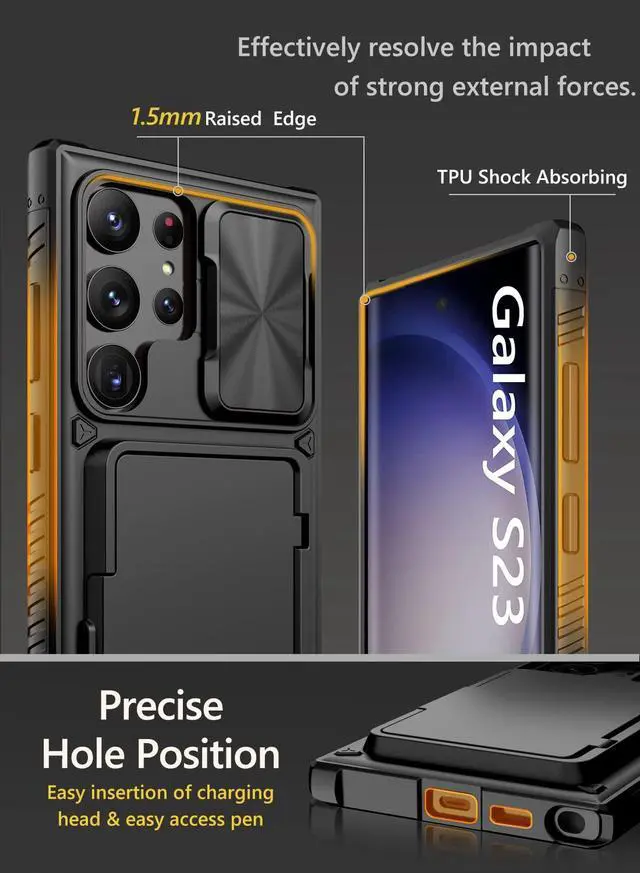 Alt view image 5 of 7 - for Samsung Galaxy S23 Ultra Case with Card Holder (4 Cards) & Sliding Camera Cover & Kickstand, Shockproof Rugged Hard Back & TPU Edge Wallet Cover for Galaxy S23 Ultra 5G 6.8" 2023, Black