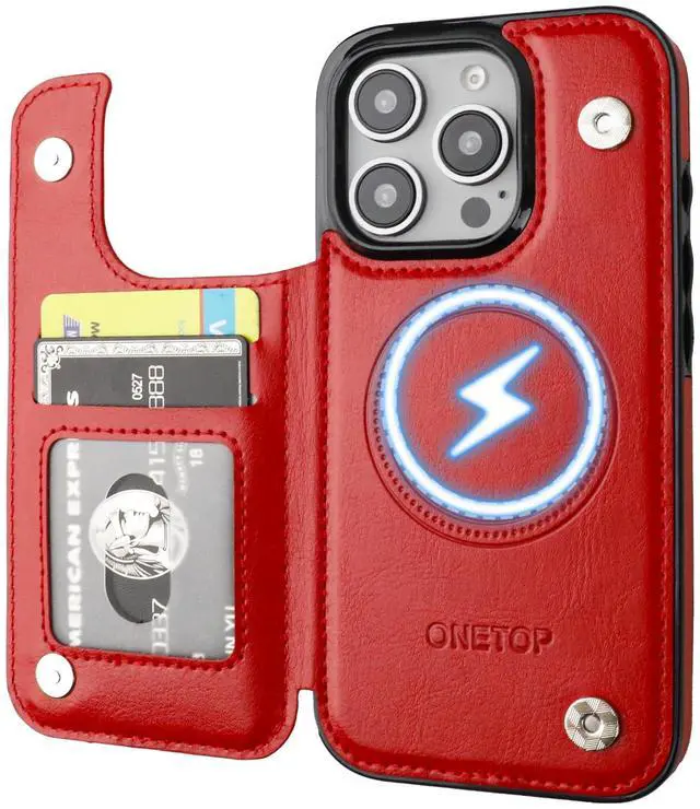 Main image of Compatible with Magsafe for iPhone 16 Pro Wallet Case with Card Holder, PU Leather Kickstand RFID Blocking Case, Double Magnetic Clasp and Durable Shockproof Cover 6.3 Inch (Red)