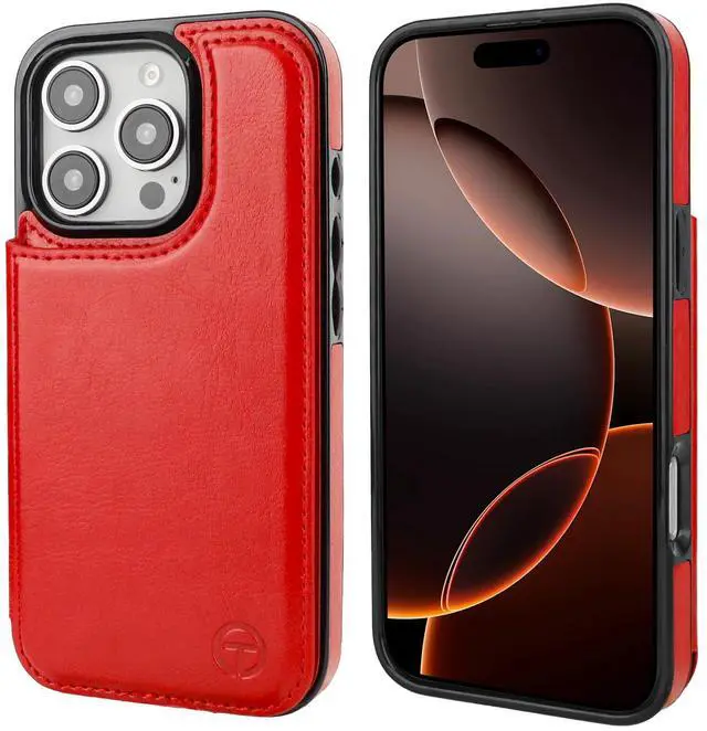 Alt view image 3 of 7 - Compatible with Magsafe for iPhone 16 Pro Wallet Case with Card Holder, PU Leather Kickstand RFID Blocking Case, Double Magnetic Clasp and Durable Shockproof Cover 6.3 Inch (Red)