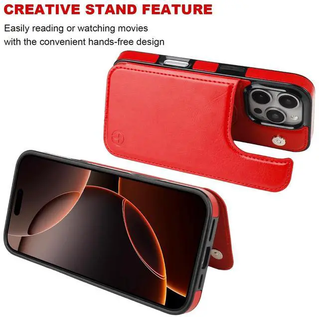Alt view image 6 of 7 - Compatible with Magsafe for iPhone 16 Pro Wallet Case with Card Holder, PU Leather Kickstand RFID Blocking Case, Double Magnetic Clasp and Durable Shockproof Cover 6.3 Inch (Red)