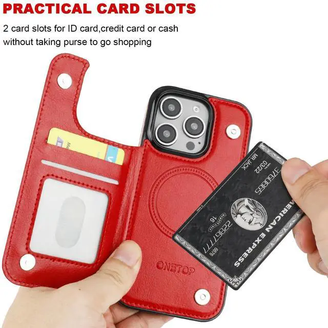 Alt view image 4 of 7 - Compatible with Magsafe for iPhone 16 Pro Wallet Case with Card Holder, PU Leather Kickstand RFID Blocking Case, Double Magnetic Clasp and Durable Shockproof Cover 6.3 Inch (Red)