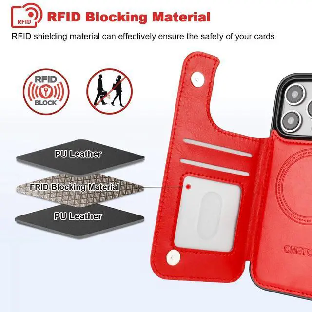 Alt view image 7 of 7 - Compatible with Magsafe for iPhone 16 Pro Wallet Case with Card Holder, PU Leather Kickstand RFID Blocking Case, Double Magnetic Clasp and Durable Shockproof Cover 6.3 Inch (Red)