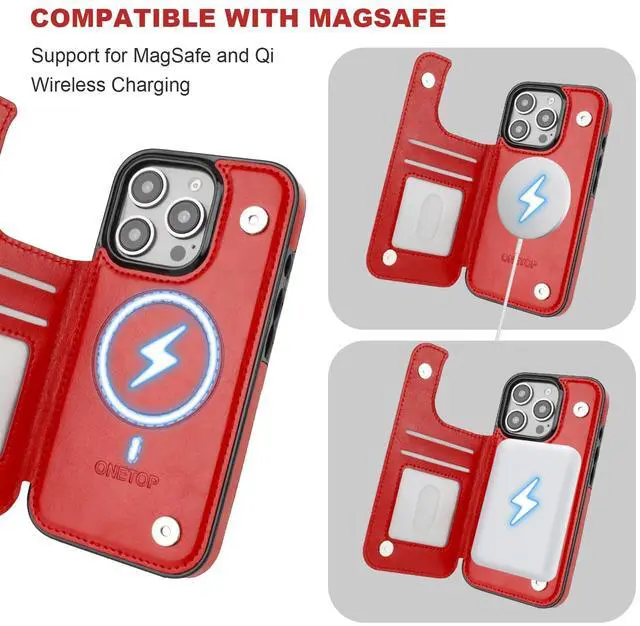 Alt view image 5 of 7 - Compatible with Magsafe for iPhone 16 Pro Wallet Case with Card Holder, PU Leather Kickstand RFID Blocking Case, Double Magnetic Clasp and Durable Shockproof Cover 6.3 Inch (Red)