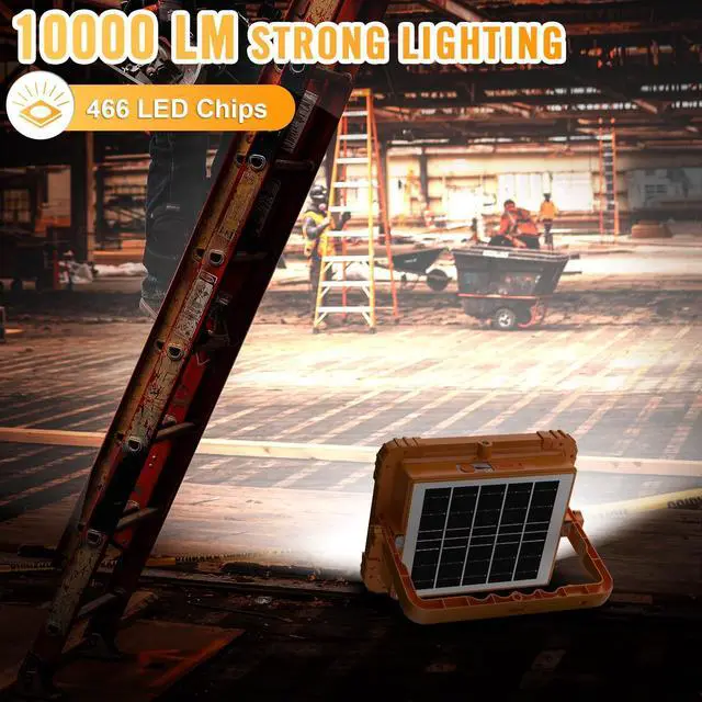 Alt view image 2 of 7 - 100W LED Solar Work Light, 466 LED 10000LM Magnetic Worklight with 5 Modes, 12000mAh Battary Rechargeable, IP66 Waterproof Portable Solar Outdoor Working Light for Emergency, Repair, Camping