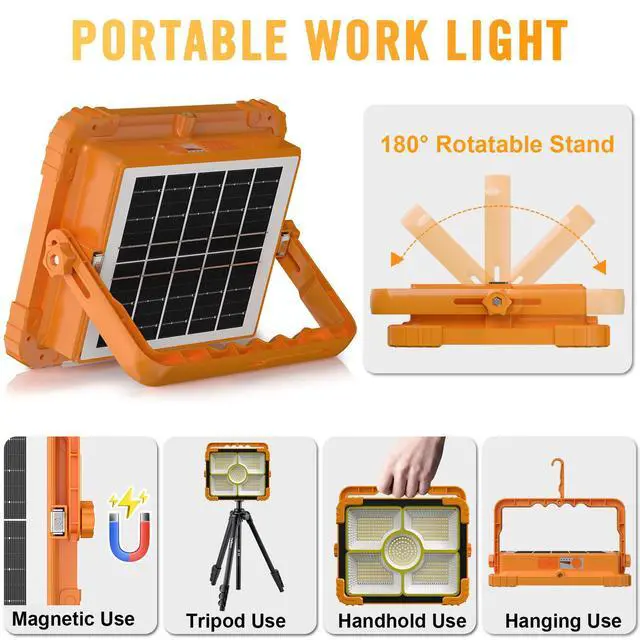 Alt view image 5 of 7 - 100W LED Solar Work Light, 466 LED 10000LM Magnetic Worklight with 5 Modes, 12000mAh Battary Rechargeable, IP66 Waterproof Portable Solar Outdoor Working Light for Emergency, Repair, Camping
