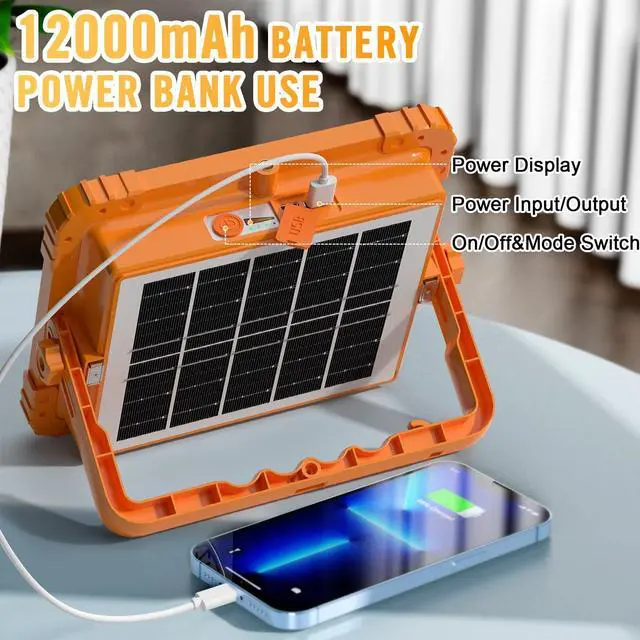 Alt view image 6 of 7 - 100W LED Solar Work Light, 466 LED 10000LM Magnetic Worklight with 5 Modes, 12000mAh Battary Rechargeable, IP66 Waterproof Portable Solar Outdoor Working Light for Emergency, Repair, Camping